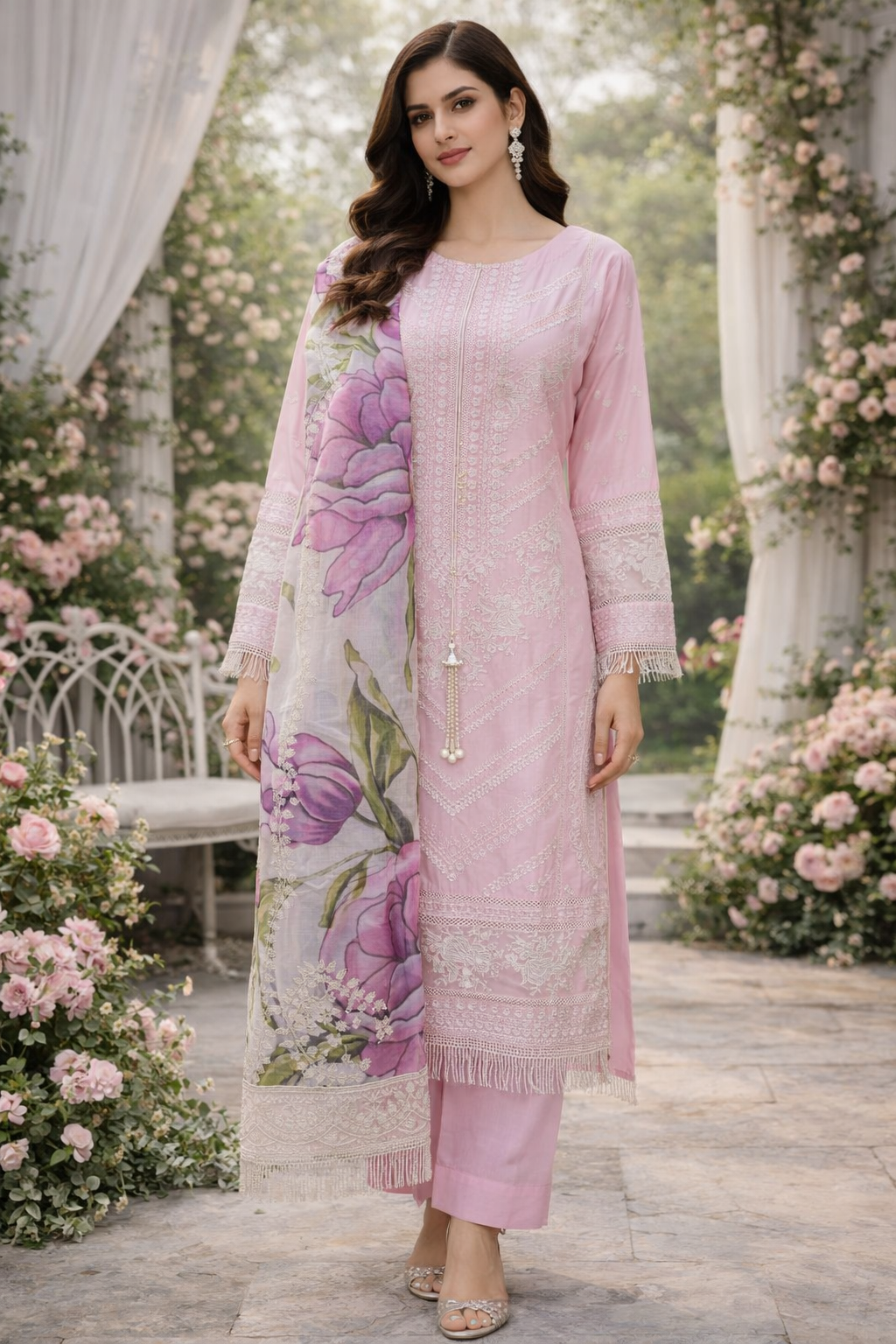 Pink Embroidered Trouser Suit with Floral Dupatta – Elegant Semi-Formal Wear