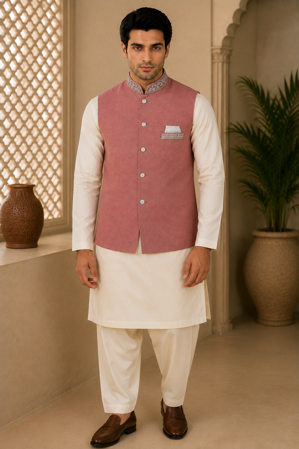 Pink Mens Indian Nehru Jacket Waistcoat Full View. Perfect for wedding, party wear, festive occasions