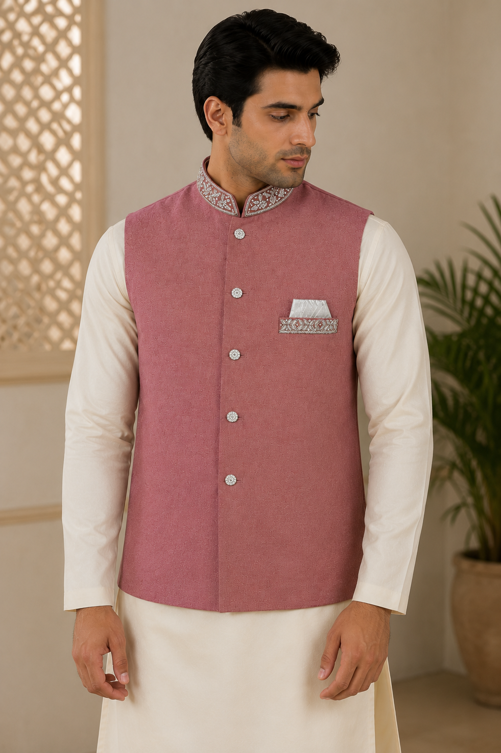 Pink Mens Indian Nehru Jacket Waistcoat Full View. Perfect for wedding, party wear, festive occasions