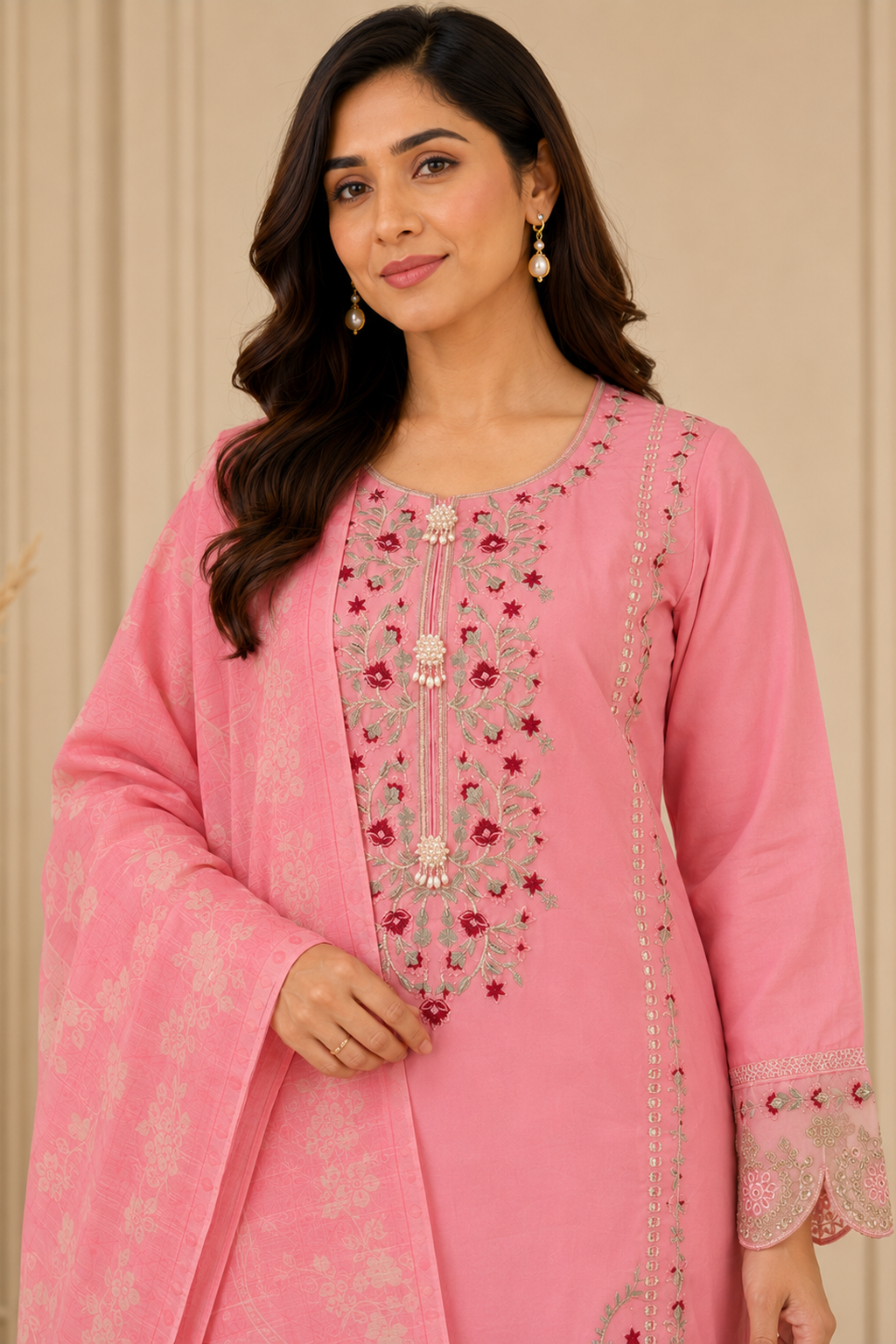 peachy pink ladies womens pakistani palazzo salwar trouser suit. Perfect for weddings and formal wear close up view