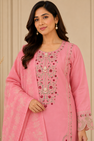 peachy pink ladies womens pakistani palazzo salwar trouser suit. Perfect for weddings and formal wear close up view