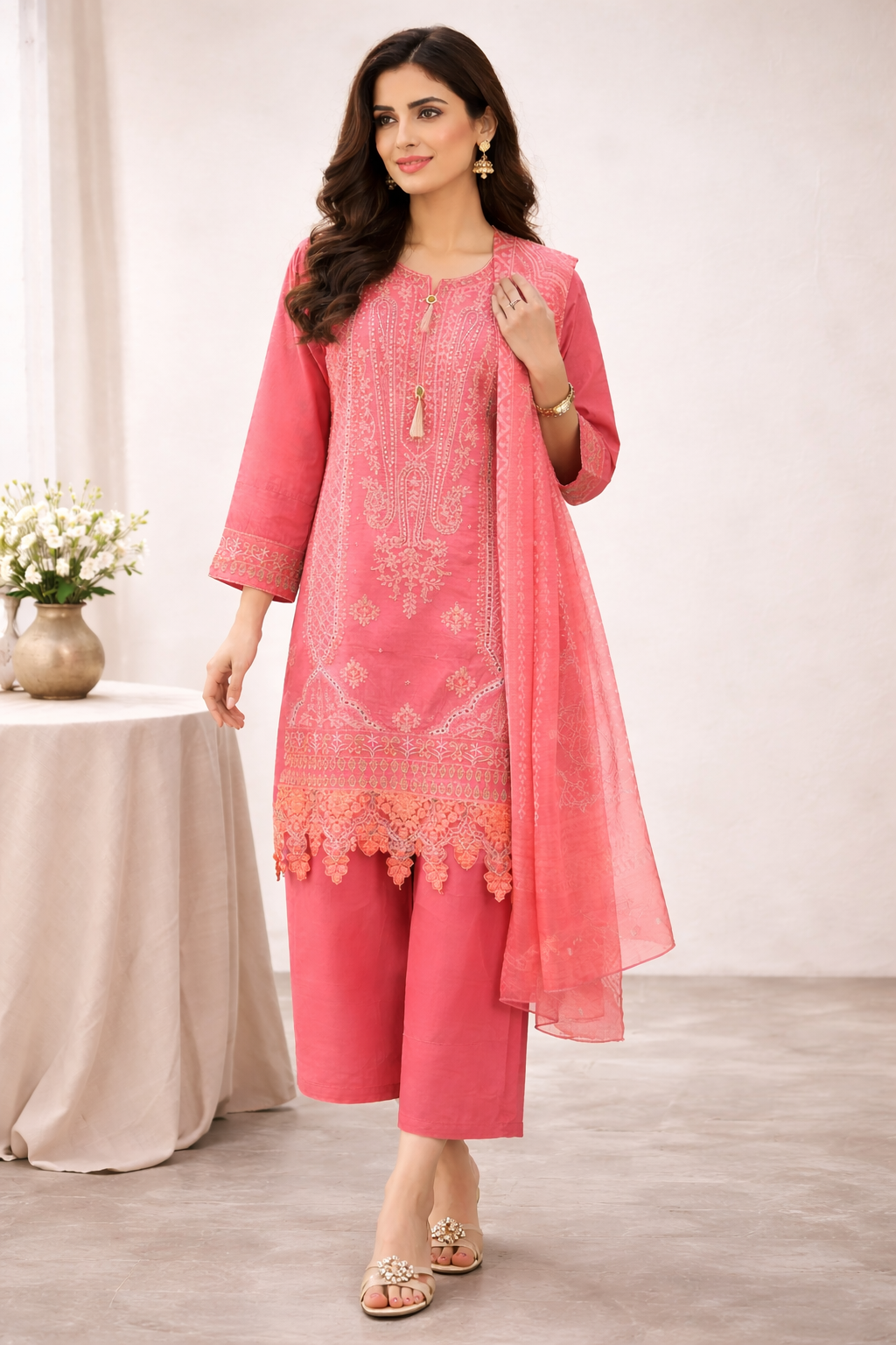 Pink Ladies Embroidered Premium Cotton Pakistani Palazzo Suit