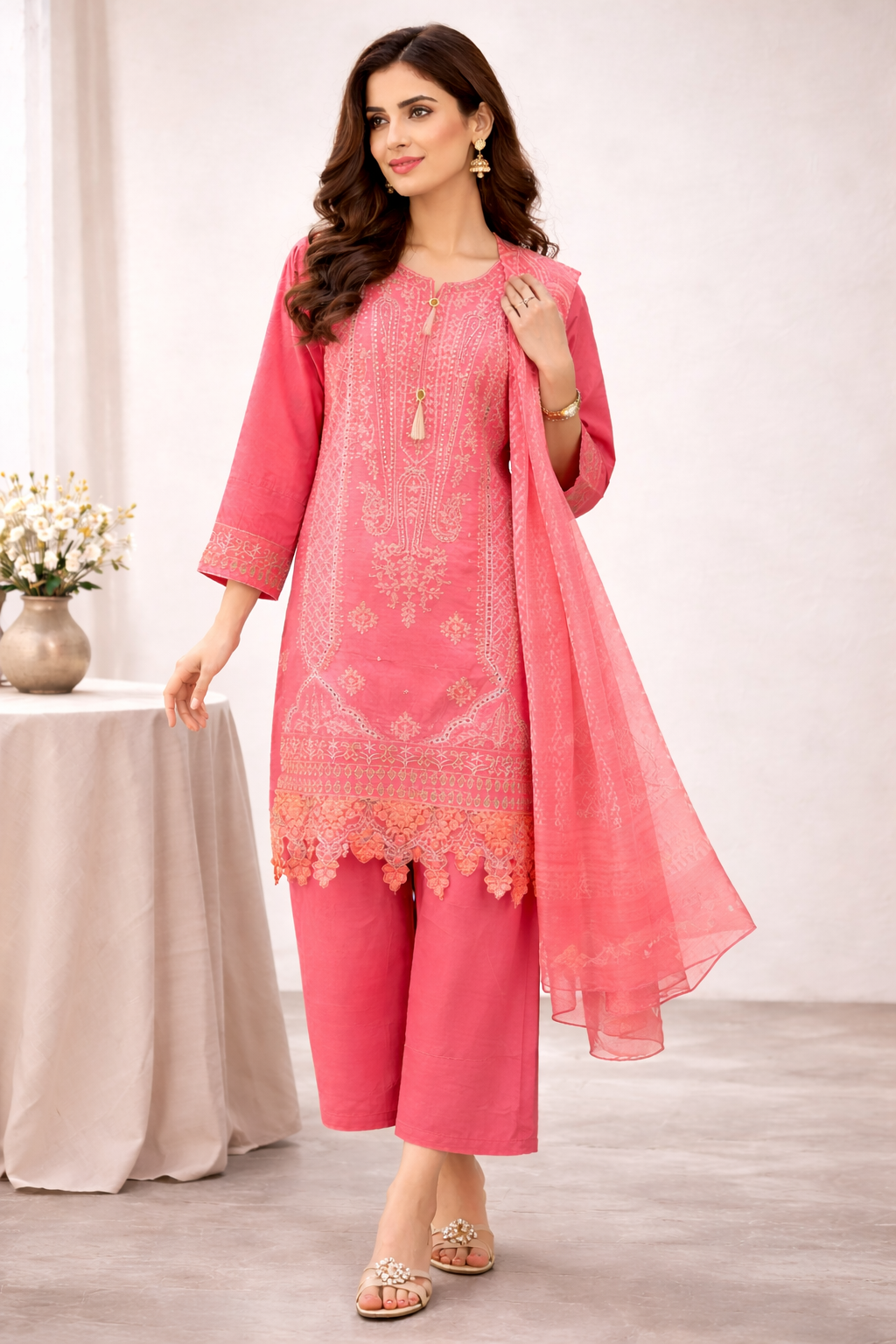 Pink Ladies Embroidered Premium Cotton Pakistani Palazzo Suit