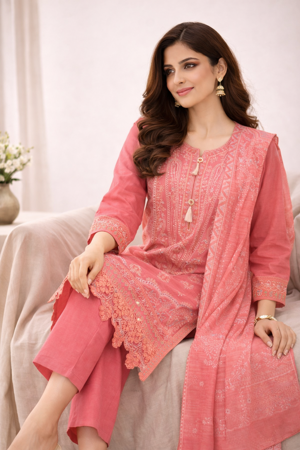 Pink Ladies Embroidered Premium Cotton Pakistani Palazzo Suit