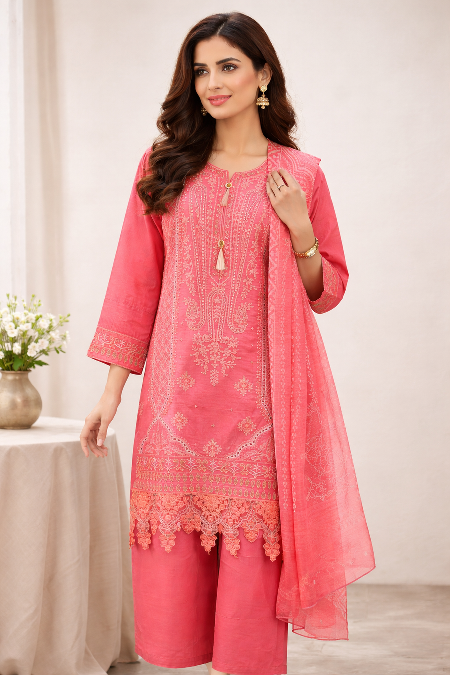 Pink Ladies Embroidered Premium Cotton Pakistani Palazzo Suit