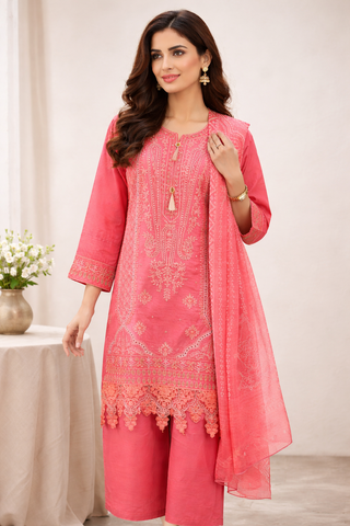 Pink Ladies Embroidered Premium Cotton Pakistani Palazzo Suit