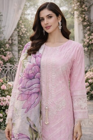 Pink Embroidered Trouser Suit with Floral Dupatta – Elegant Semi-Formal Wear