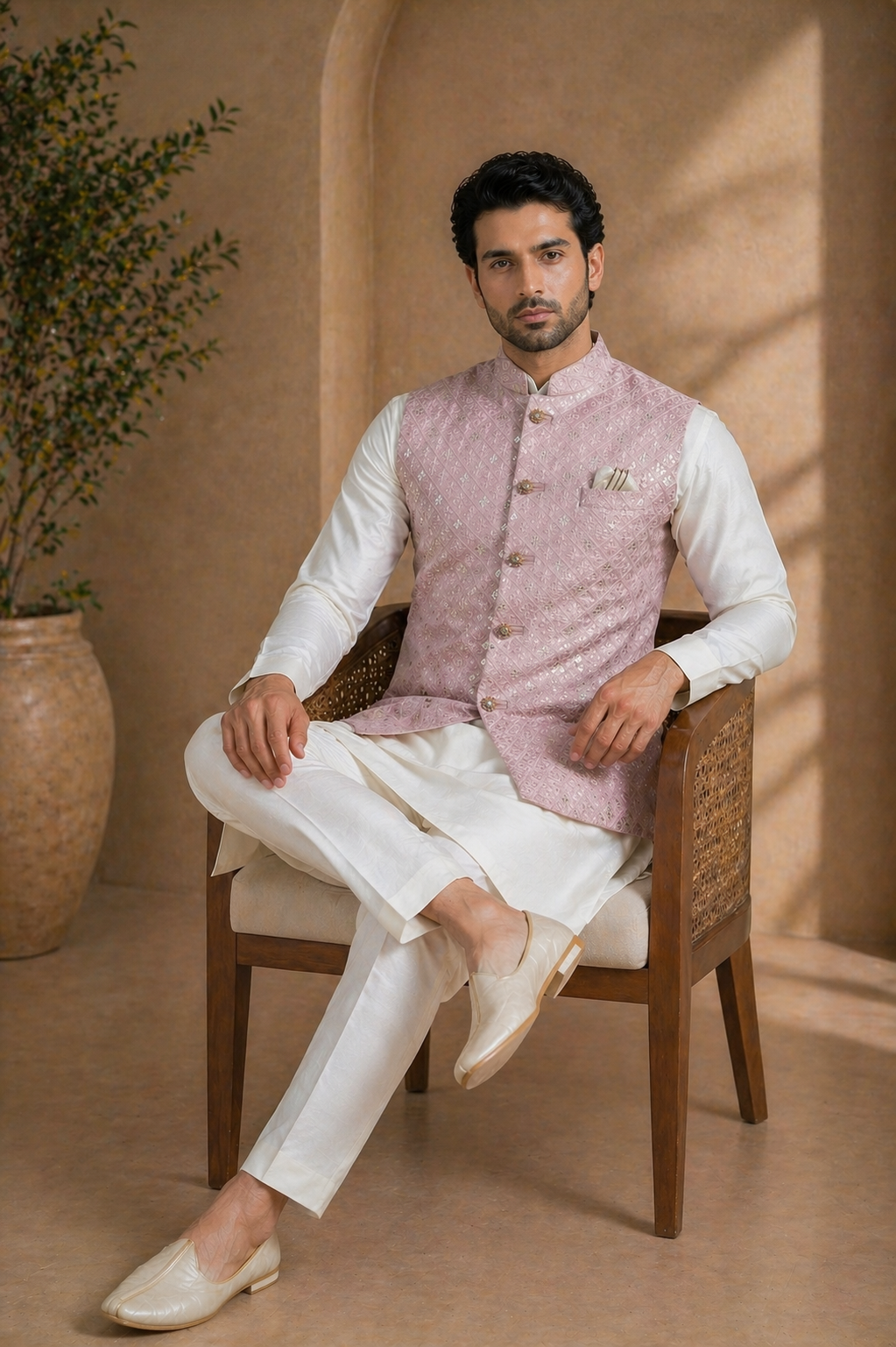 Mens Pink Indian Nehru Jacket With Kurta Seated Position View