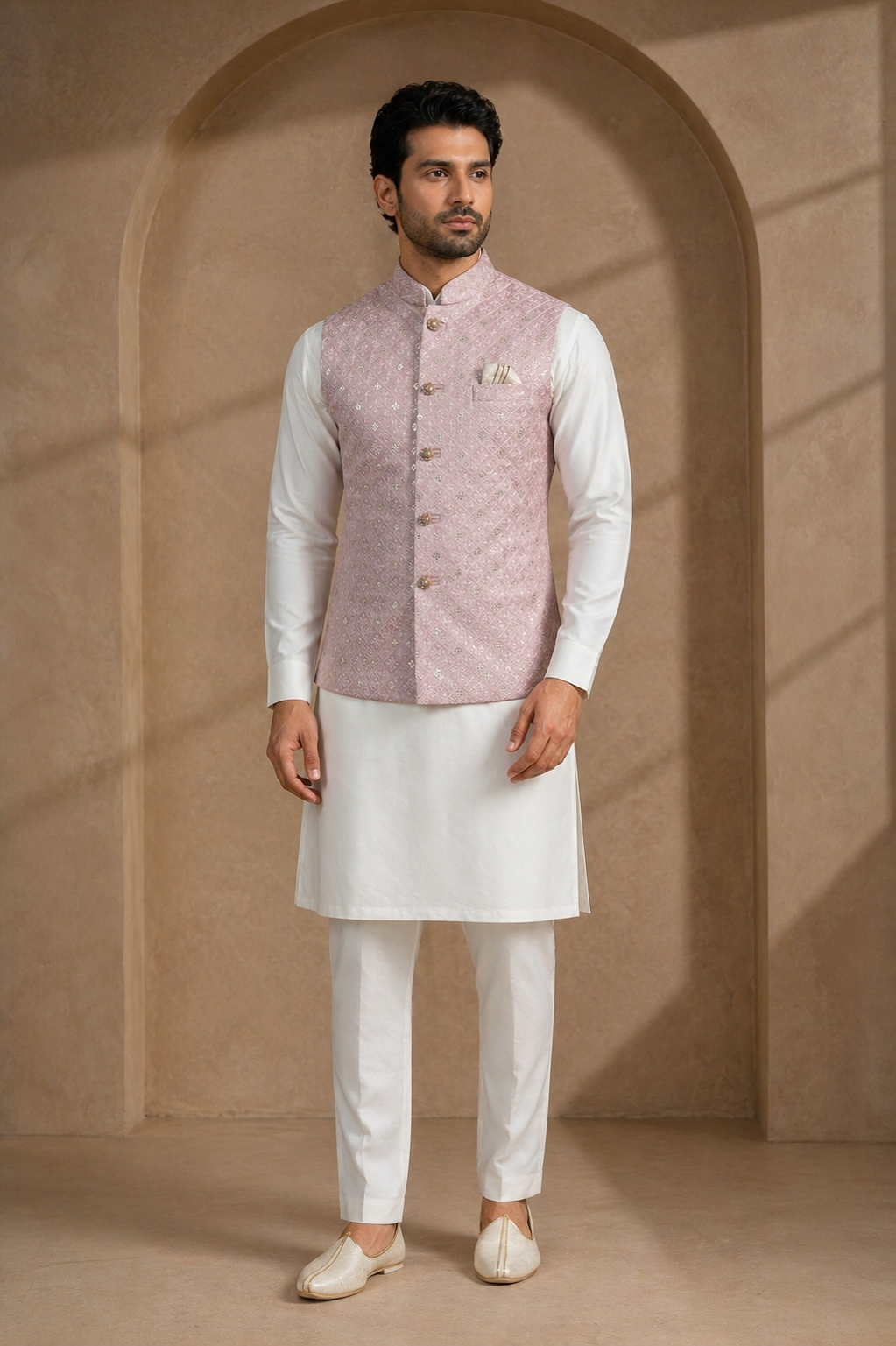Mens Indian Nehru Jacket Pink Full Length View
