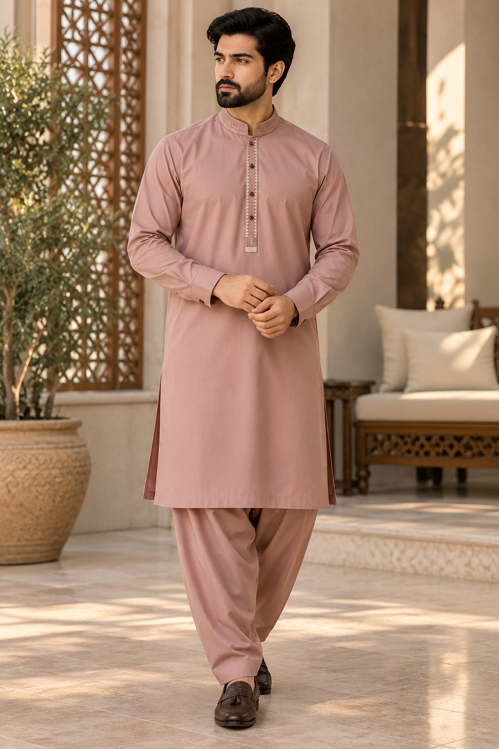 Men’s Dusty Pink Embroidered Shalwar Kameez