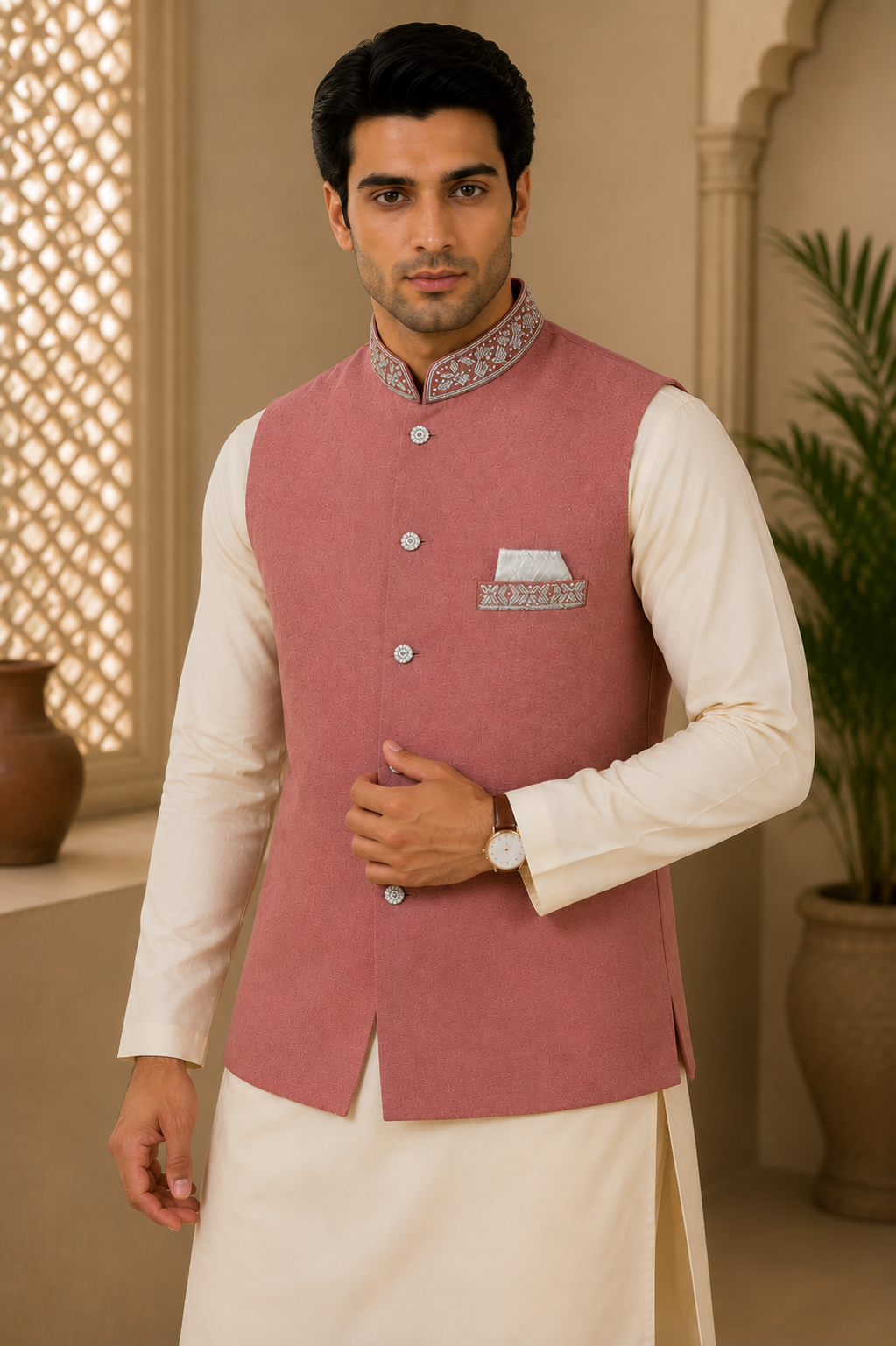Pink Mens Indian Nehru Jacket Waistcoat Full View. Perfect for wedding, party wear, festive occasions