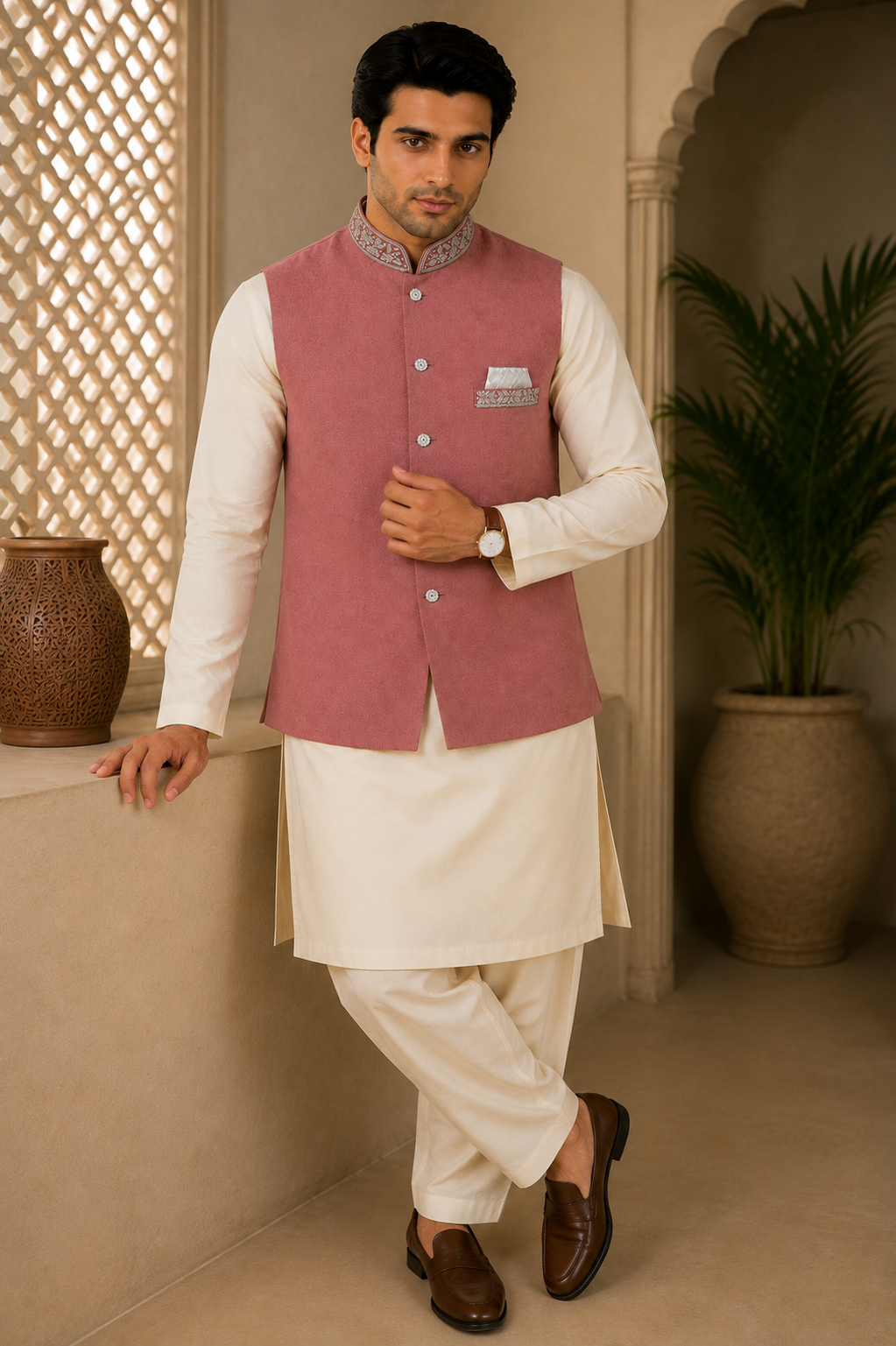 Pink Mens Indian Nehru Jacket Waistcoat Full View. Perfect for wedding, party wear, festive occasions