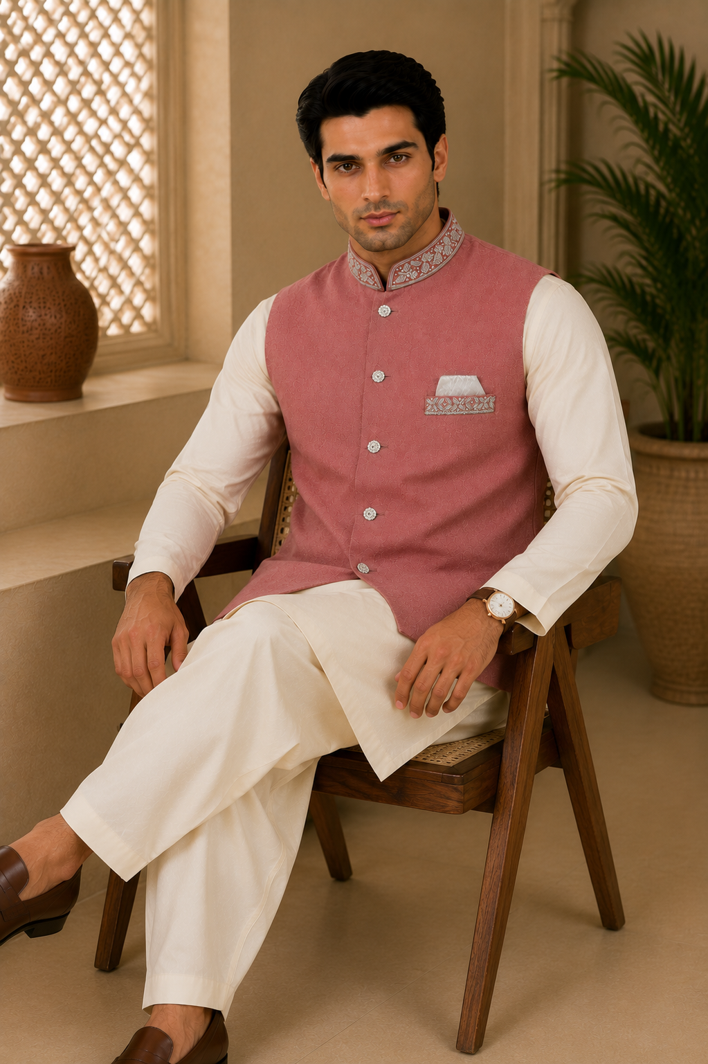 Pink Mens Indian Nehru Jacket Waistcoat seated pose. Perfect for wedding, party wear, festive occasions