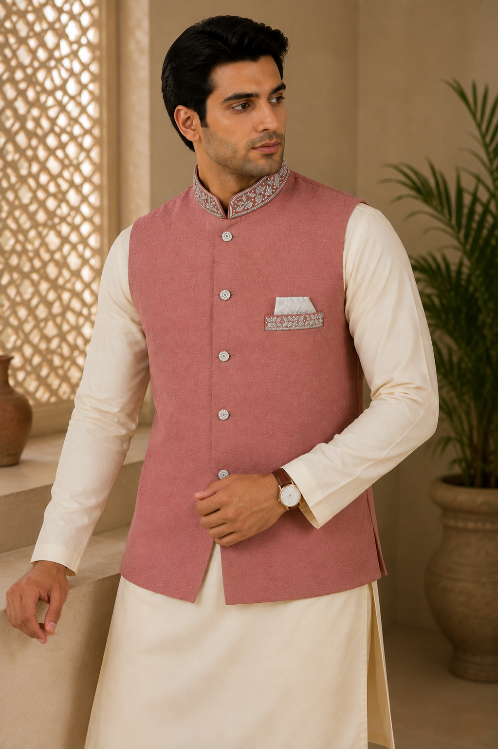 Pink Mens Indian Nehru Jacket Waistcoat Full View. Perfect for wedding, party wear, festive occasions