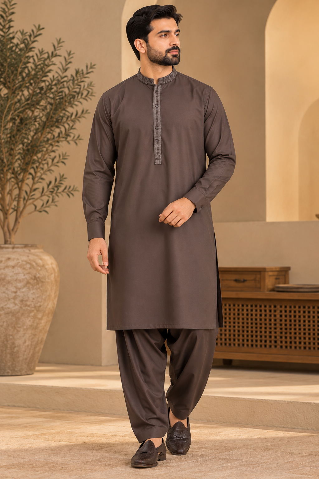 Men’s Plum Shalwar Kameez with Embroidered Collar