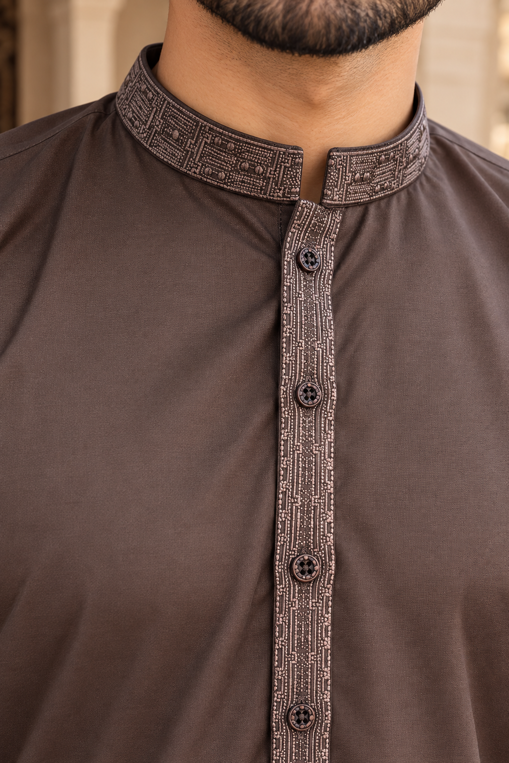 Men’s Plum Shalwar Kameez with Embroidered Collar