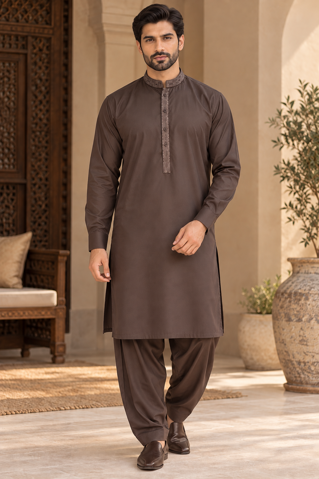 Men’s Plum Shalwar Kameez with Embroidered Collar