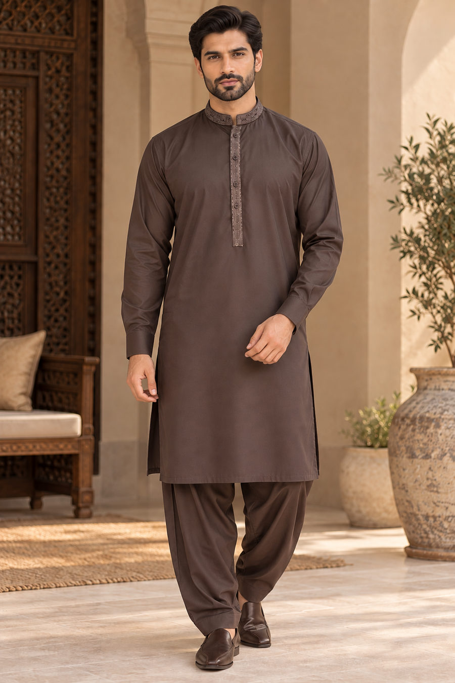 Men’s Lilac Shalwar Kameez with Embroidered Collar