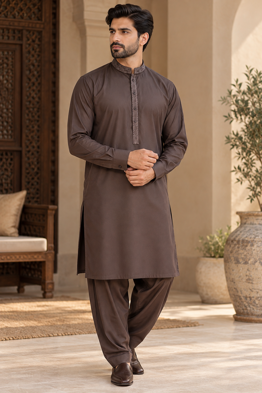 Men’s Plum Shalwar Kameez with Embroidered Collar