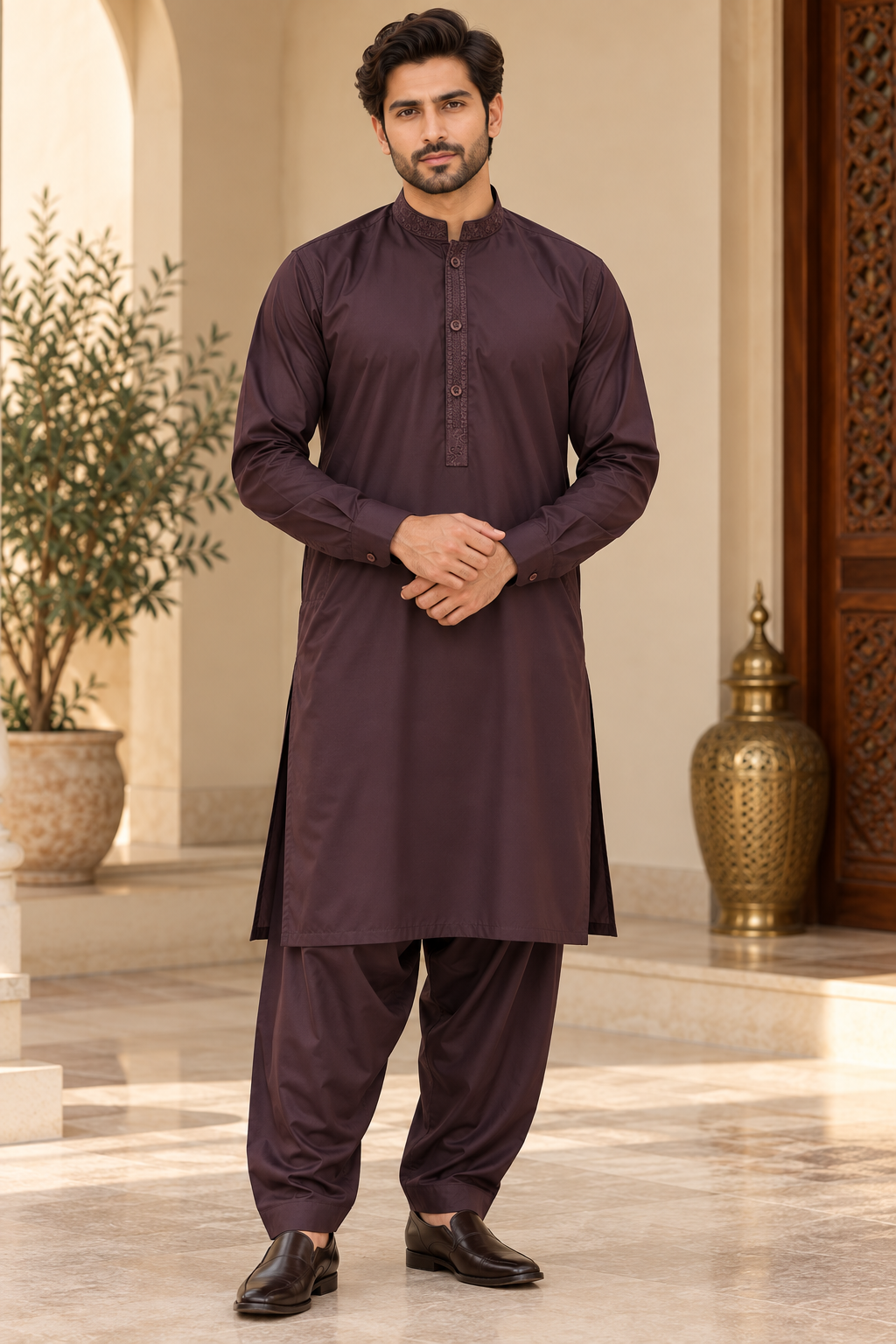 Men’s Plum Shalwar Kameez with Tonal Embroidery