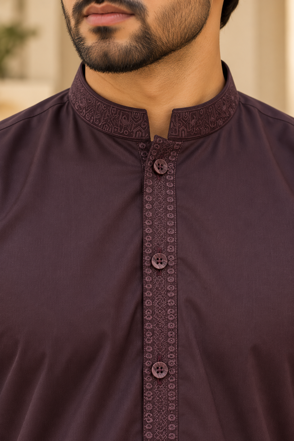 Men’s Plum Shalwar Kameez with Tonal Embroidery