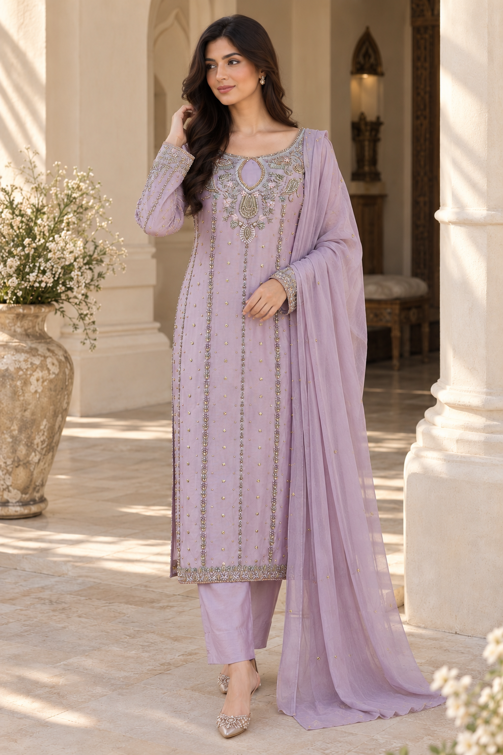 Lilac Embroidered Indian Palazzo Party Wear Suit