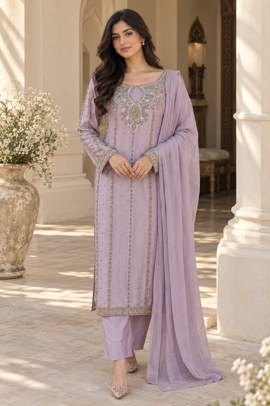 Lilac Embroidered Indian Palazzo Party Wear Suit