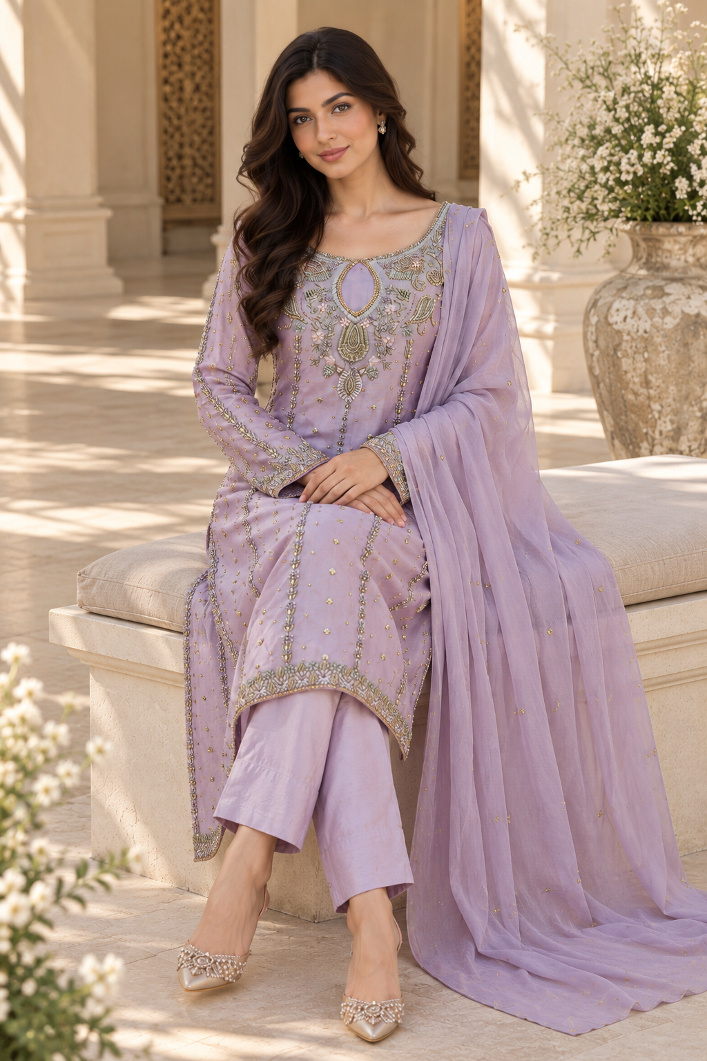 Lilac Embroidered Indian Palazzo Party Wear Suit