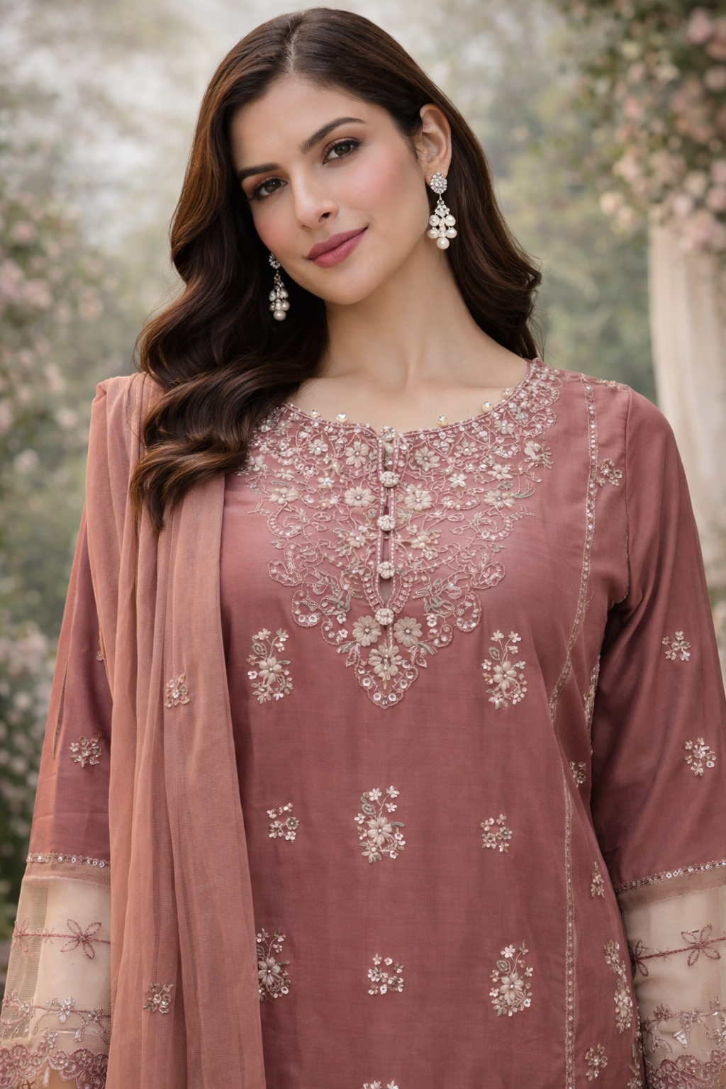 Deep Pink  - Casual Embroidered 3-Piece Suit