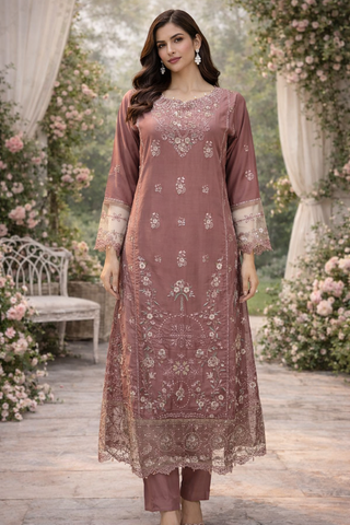 Deep Pink  - Casual Embroidered 3-Piece Suit