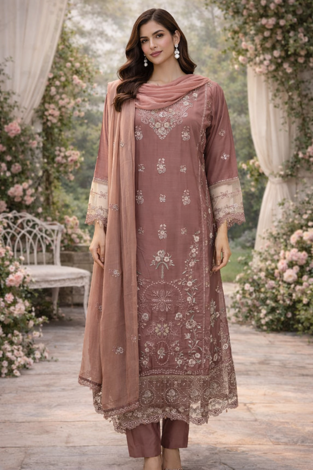 Deep Pink  - Casual Embroidered 3-Piece Suit