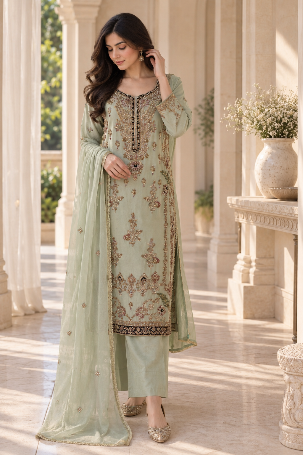 Sage Green Embroidered Indian Palazzo Trouser Suit – Made to Measure