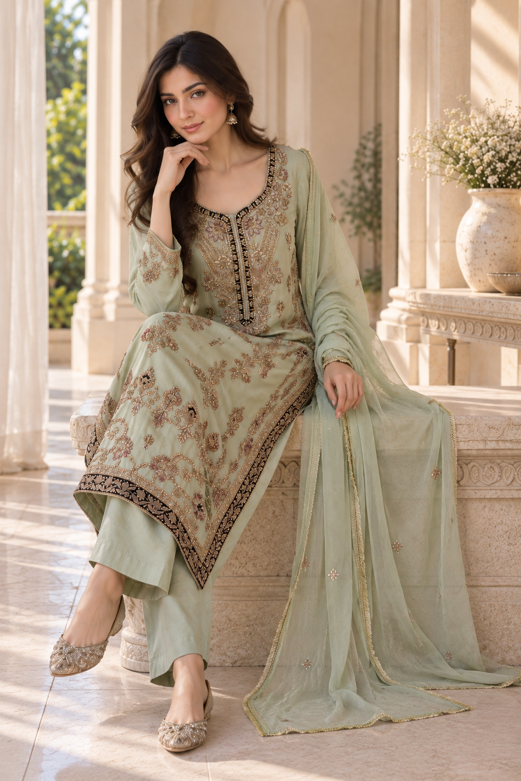 Sage Green Embroidered Indian Palazzo Trouser Suit – Made to Measure