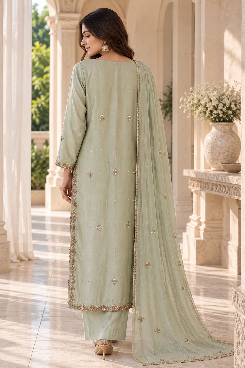 Sage Green Embroidered Indian Palazzo Trouser Suit – Made to Measure