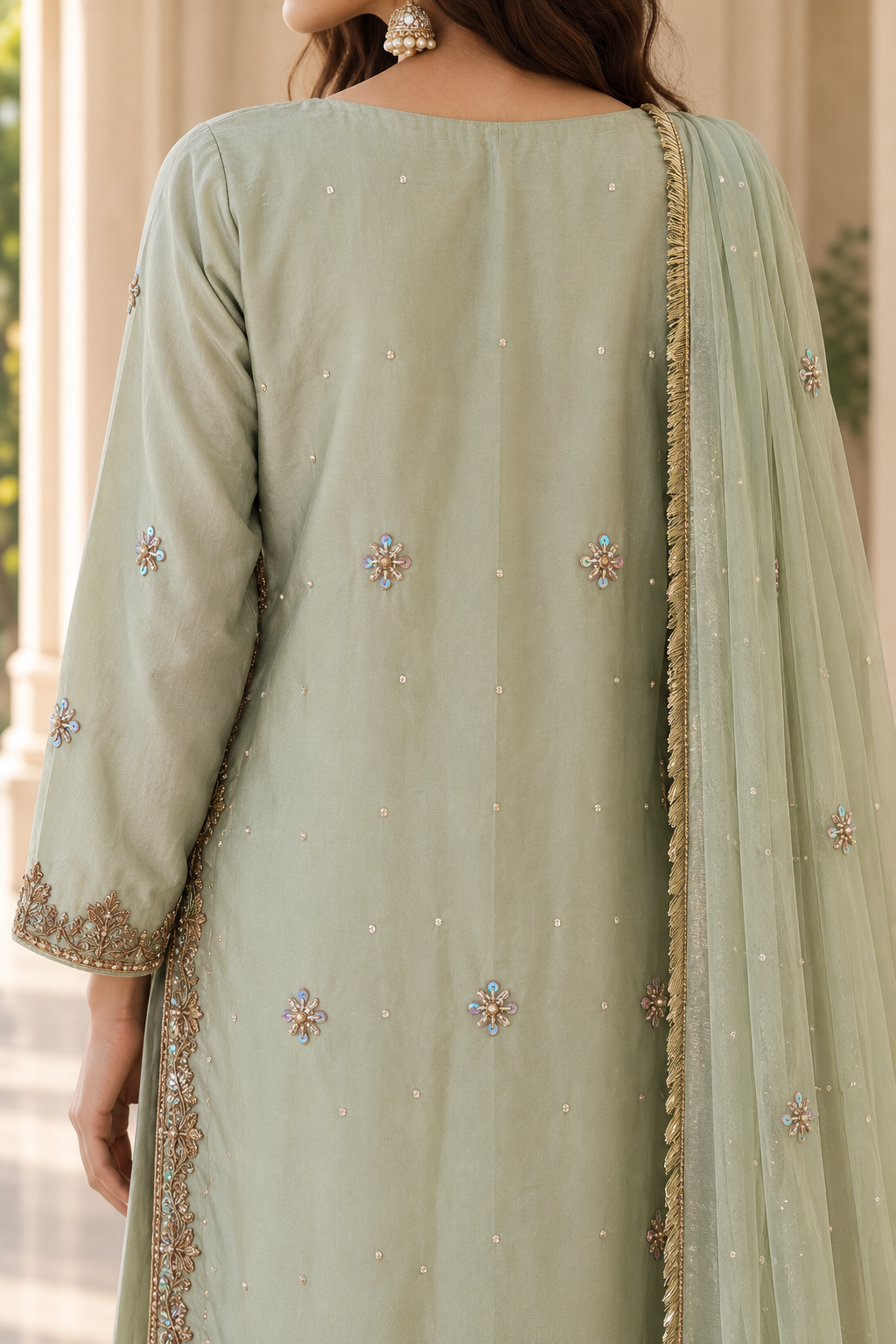 Sage Green Embroidered Indian Palazzo Trouser Suit – Made to Measure