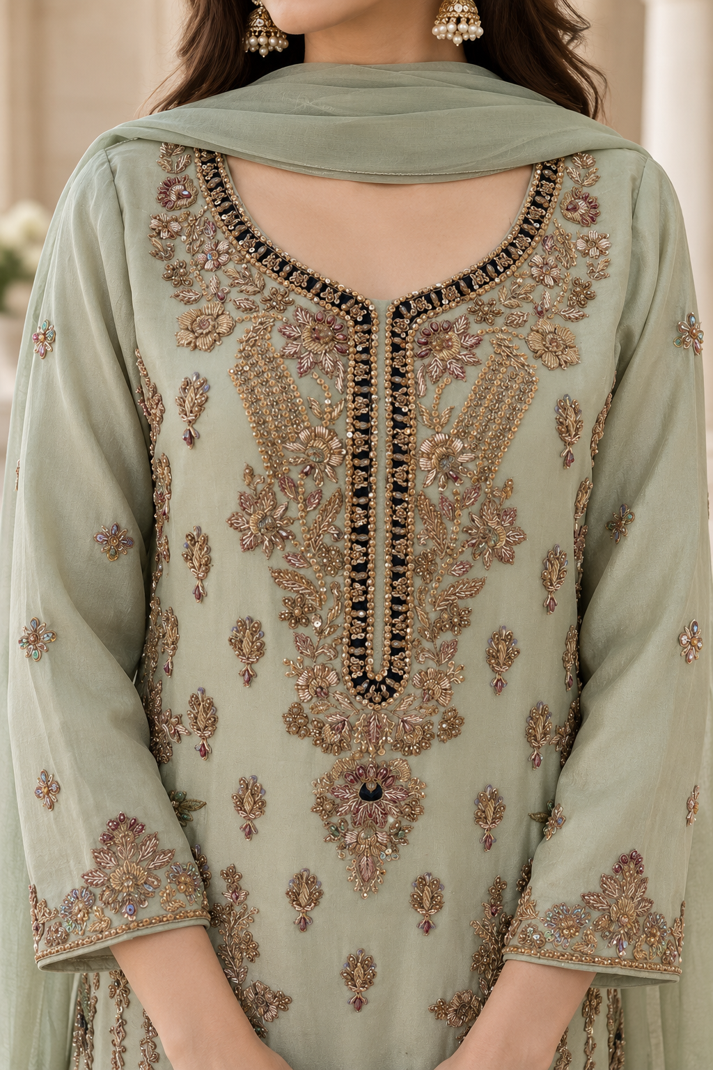 Sage Green Embroidered Indian Palazzo Trouser Suit – Made to Measure