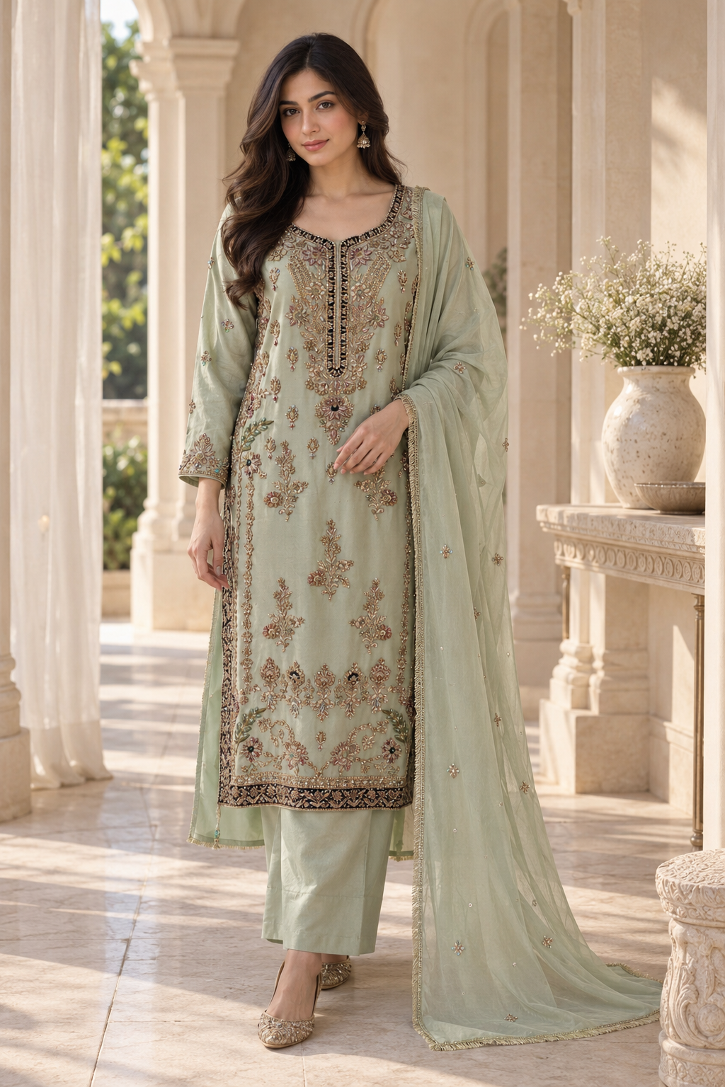 Sage Green Embroidered Indian Palazzo Trouser Suit – Made to Measure
