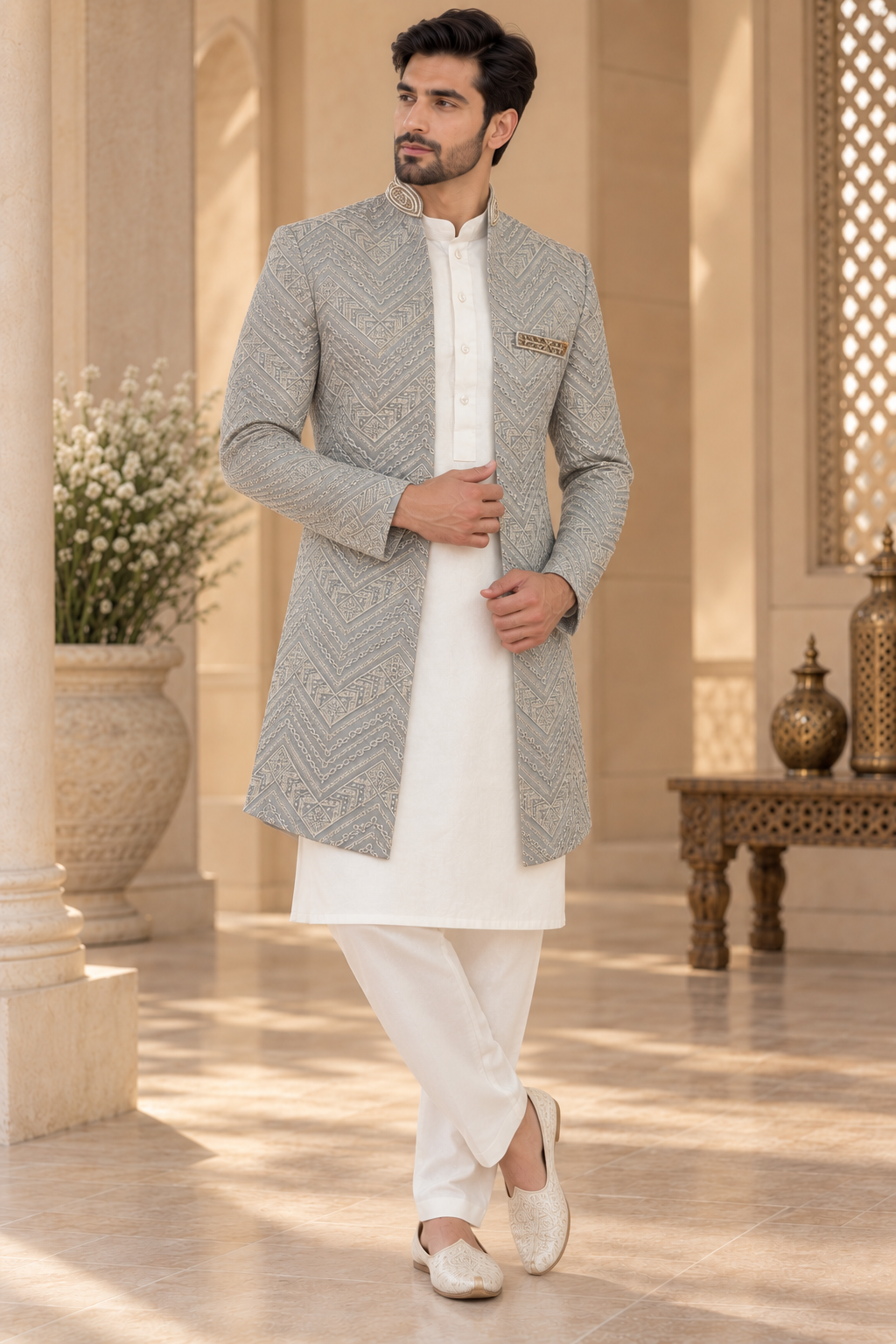 Men’s Silver Grey Embroidered Jodhpuri Jacket