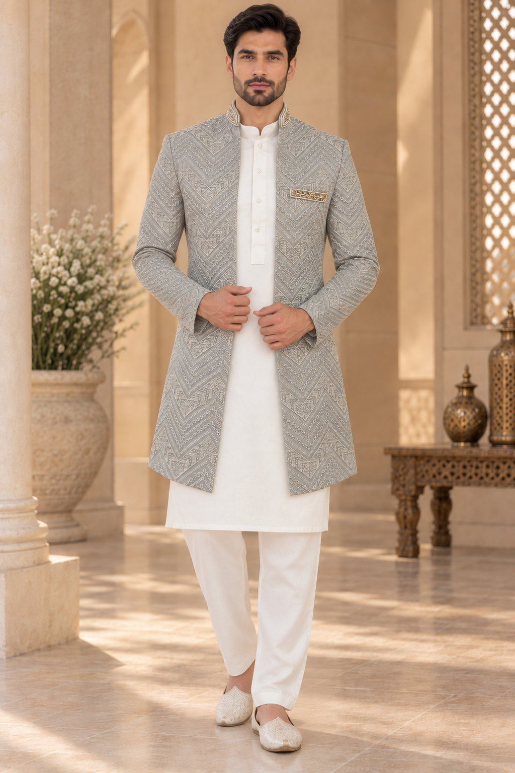 Men’s Silver Grey Embroidered Jodhpuri Jacket