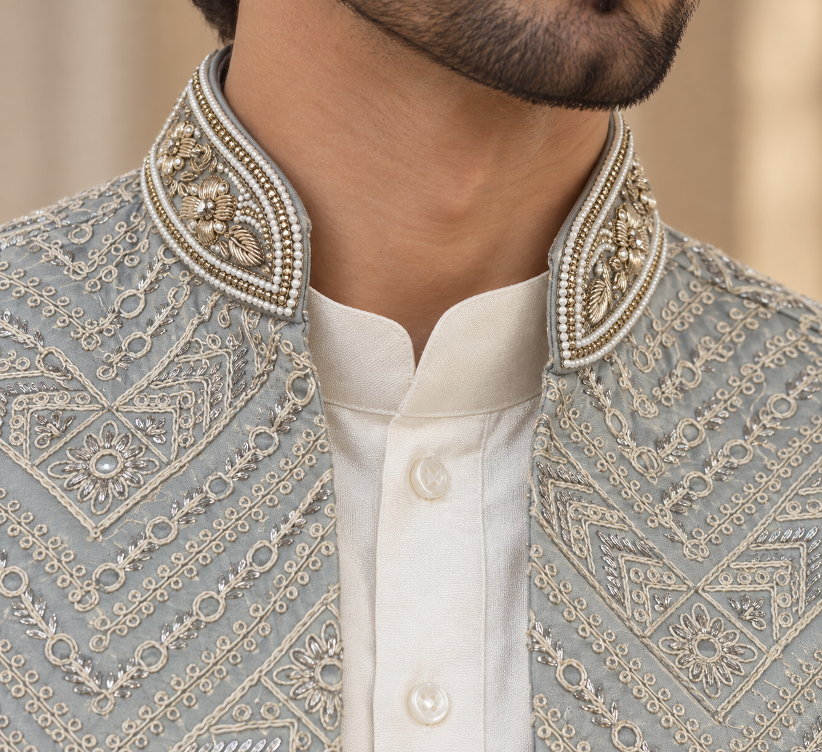 Men’s Silver Grey Embroidered Jodhpuri Jacket