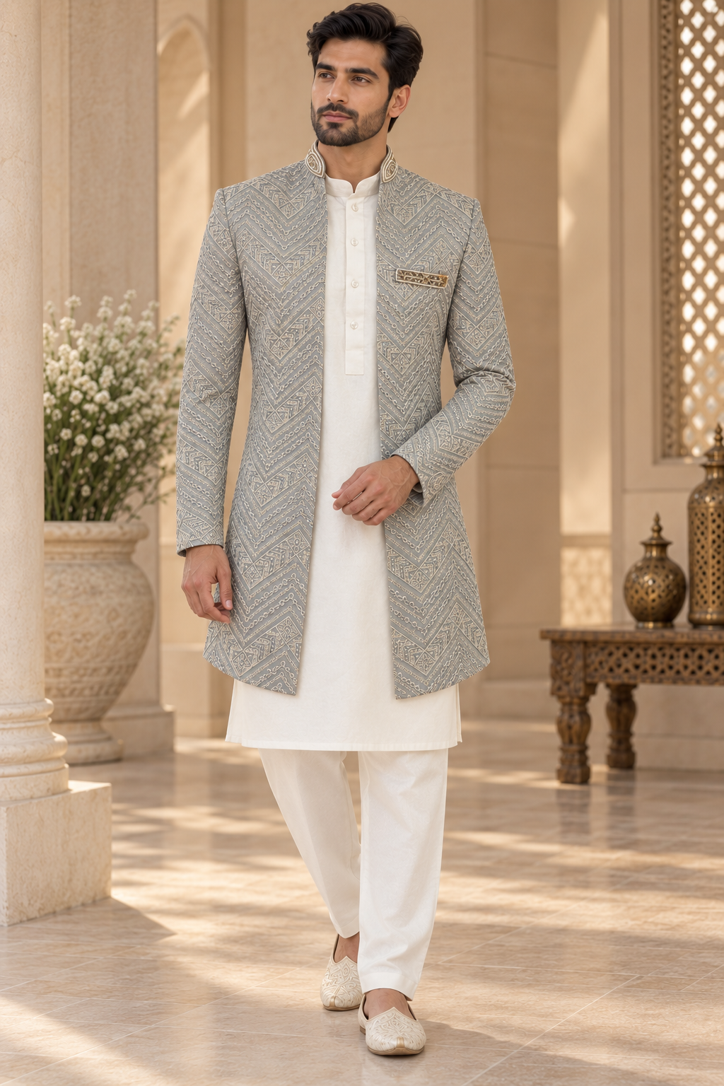 Men’s Silver Grey Embroidered Jodhpuri Jacket