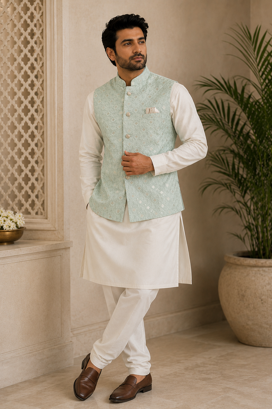 Men's Sky Blue Sequin Embellished | Indian Nehru Jacket