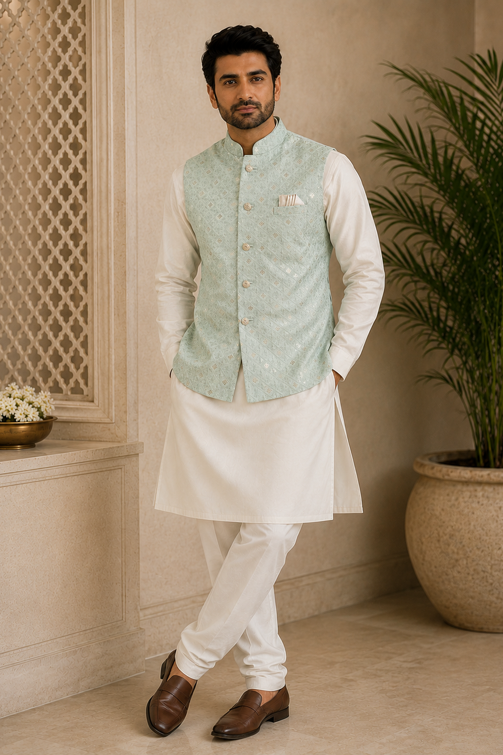 Men's Sky Blue Sequin Embellished | Indian Nehru Jacket