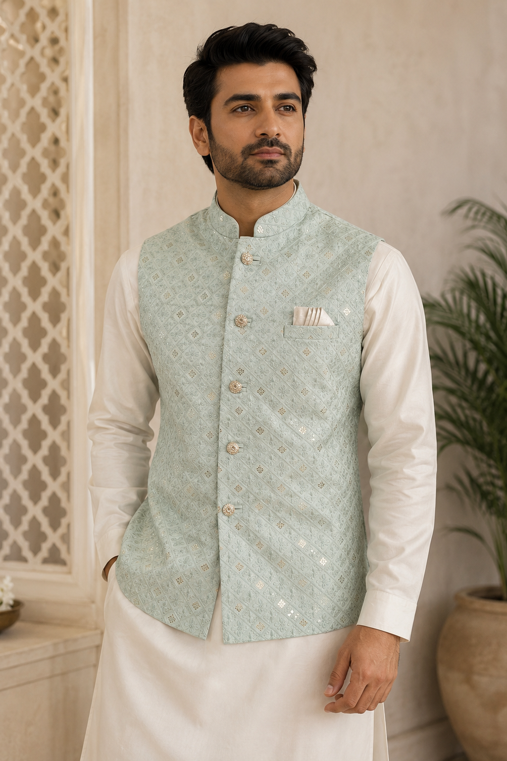 Men's Sky Blue Sequin Embellished | Indian Nehru Jacket