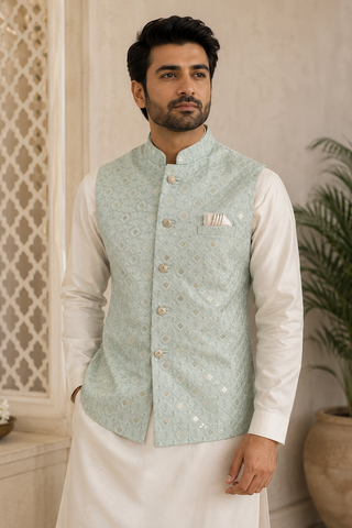 Men's Sky Blue Sequin Embellished | Indian Nehru Jacket