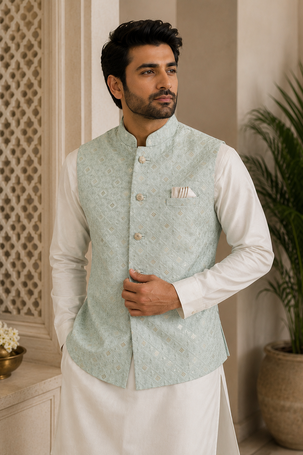 Men's Sky Blue Sequin Embellished | Indian Nehru Jacket