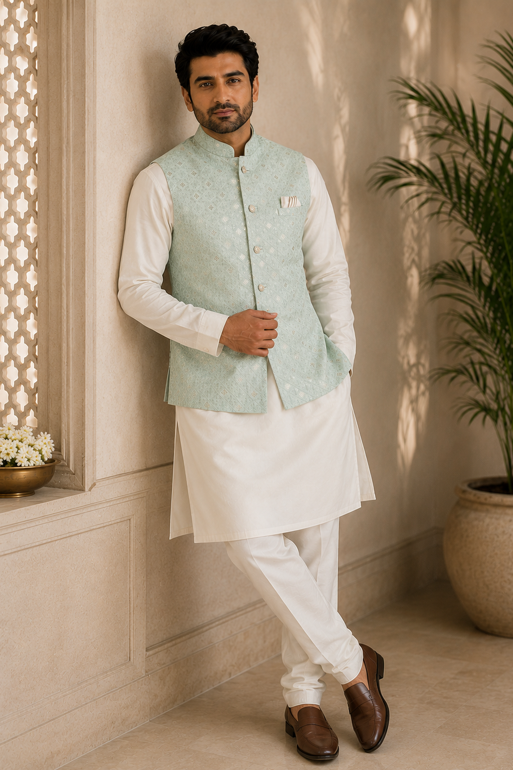 Men's Sky Blue Sequin Embellished | Indian Nehru Jacket