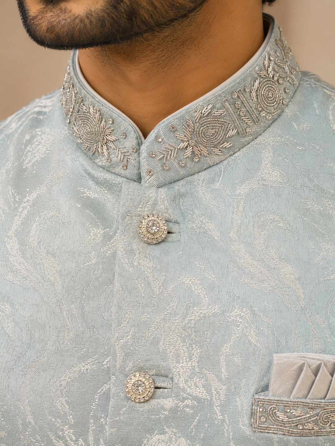 Mens blue indian nehru jacket collar close up