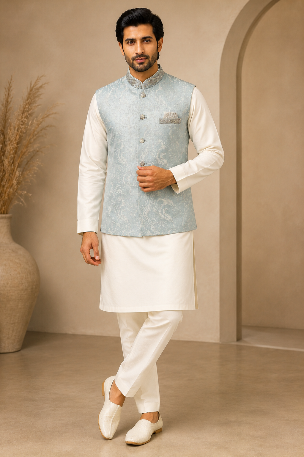 Mens blue indian nehru jacket standing pose