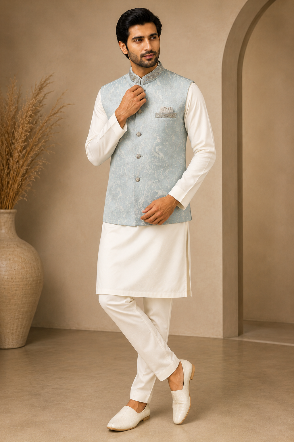 Mens blue indian nehru jacket standing pose